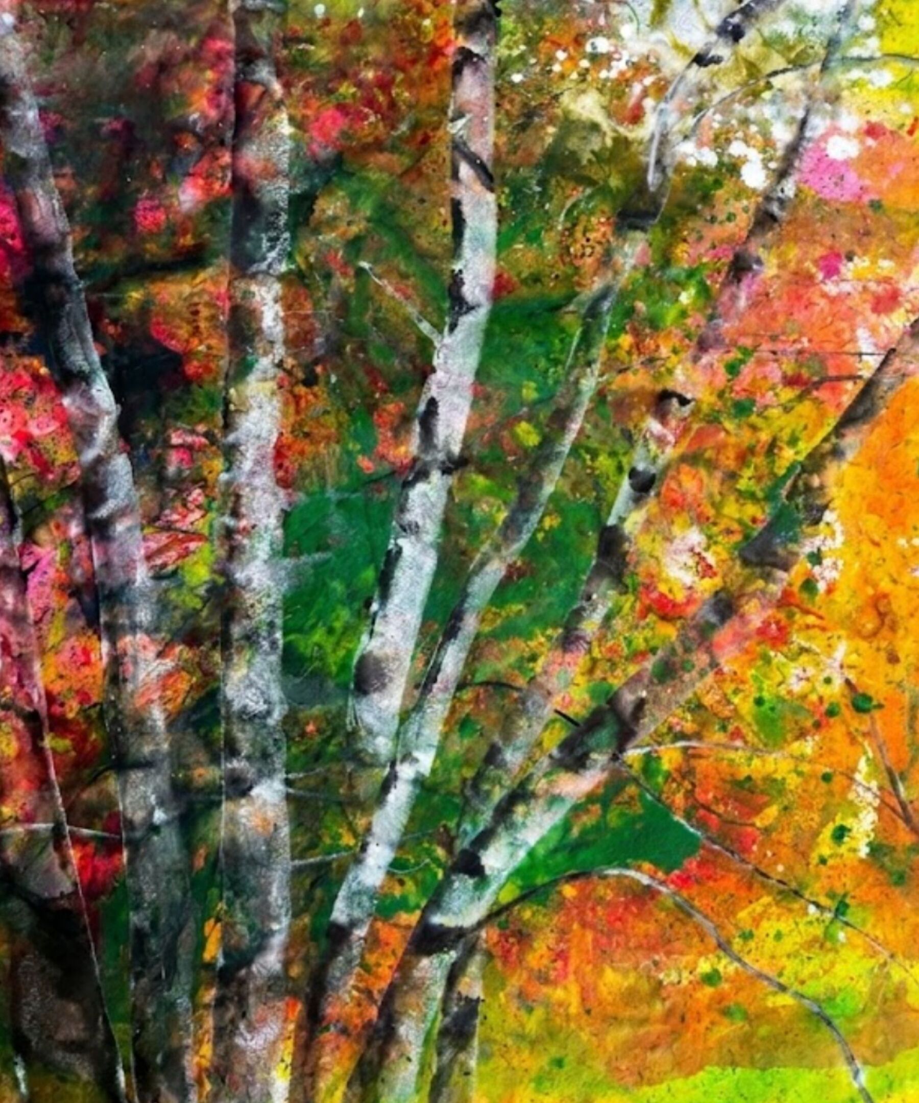 Abstract painting — pale branches reaching through vivid pools of blue, magenta, orange and yellow