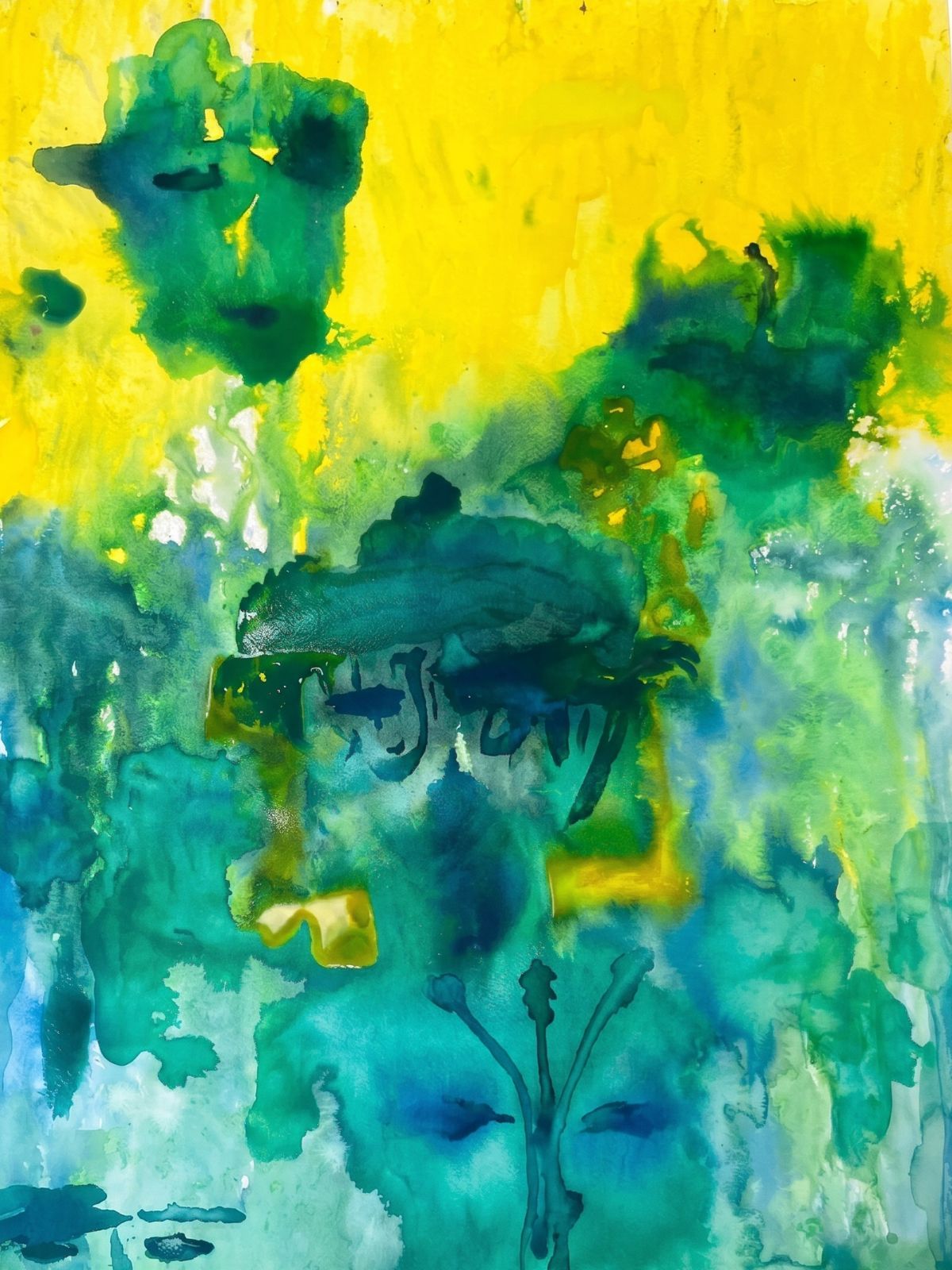 A watercolour painting — washes of green and teal beneath a band of yellow, suggesting foliage and light.