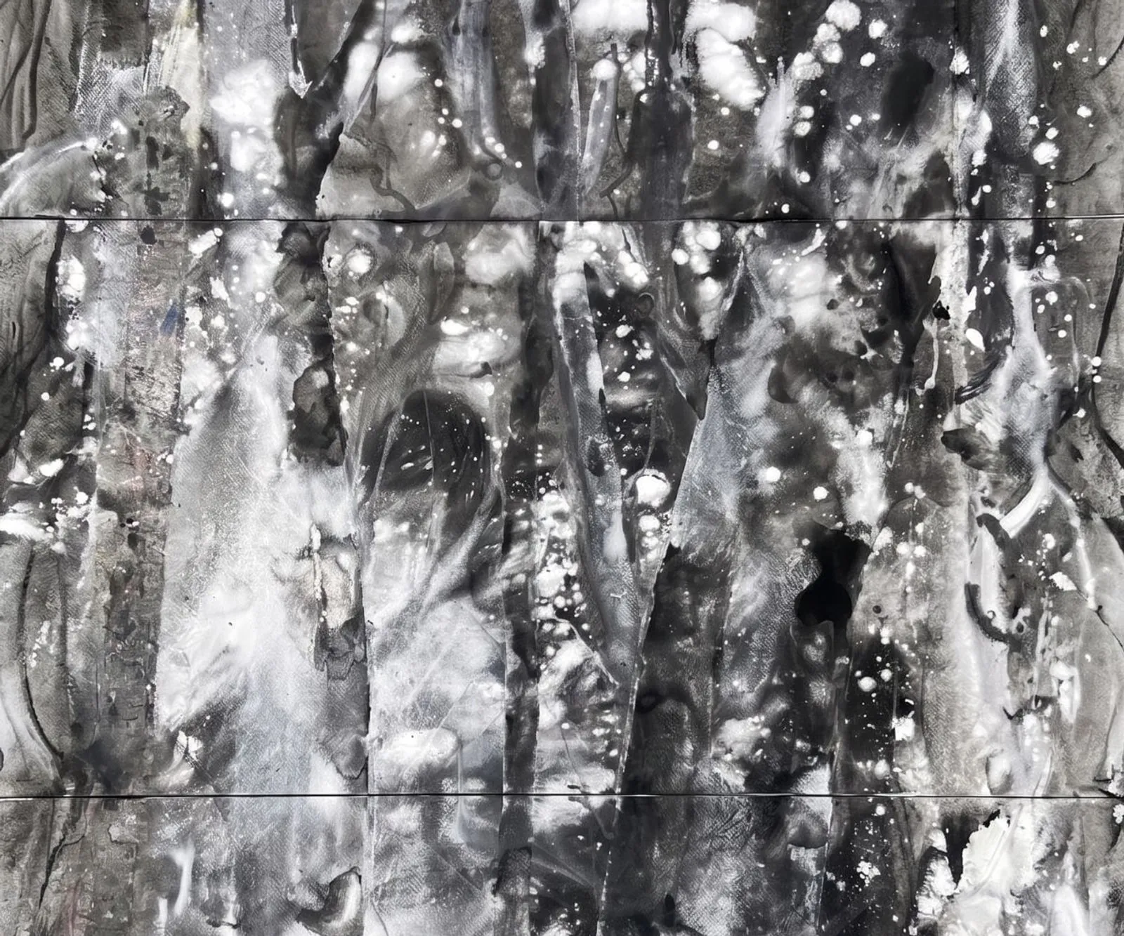 Monochrome abstract painting — bold gestural marks and splashes of white across a dark, textured ground